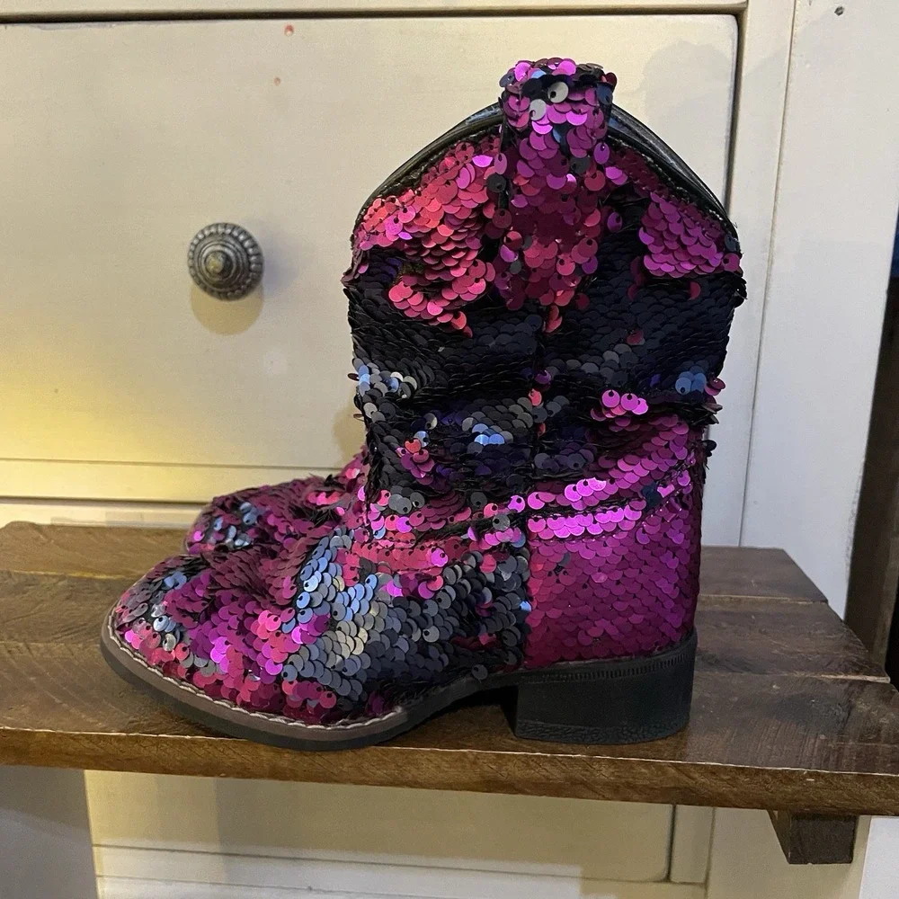 Laredo Girls 10‎ Cowboy Boots Pink Sequins Shiny Cowgirl Glam Princess Dan Post